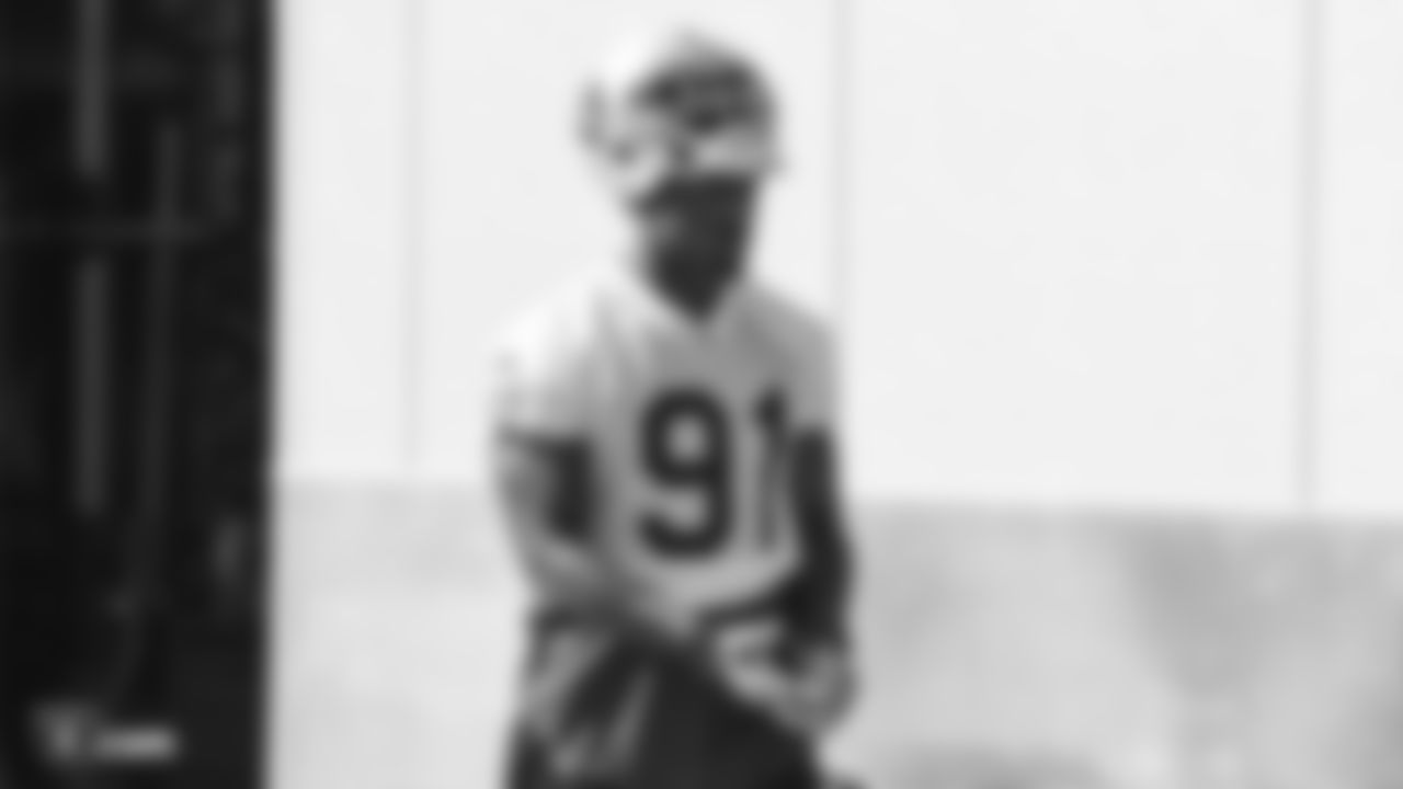 Oakland Raiders linebacker Shilique Calhoun (91) on the field for practice at the Oakland Raiders Practice Facility, Thursday, October 25, 2018, in Alameda, California.