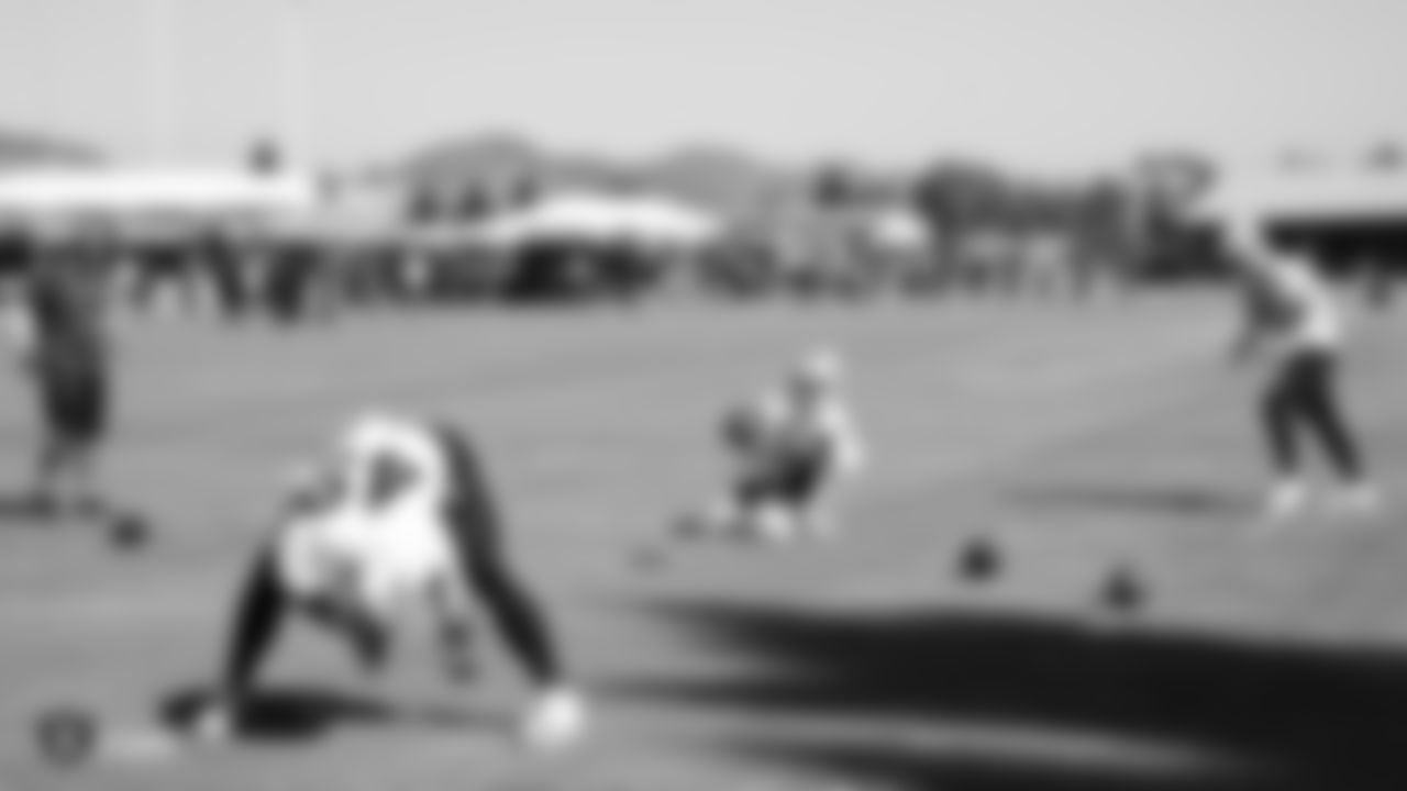 Oakland Raiders assistant head coach/special teams coordinator Rich Bisaccia, long snapper Drew Scott (49), punter Johnny Townsend (5), and kicker Eddy Piñeiro (9) on the field for practice at 2018 Pre-Training Camp at The Oakland Raiders Napa Valley Training Complex, Wednesday, July 25, 2018, in Napa, California.