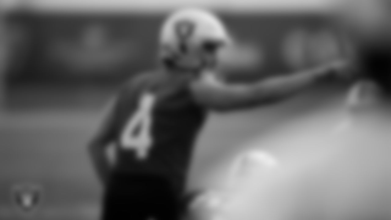 Las Vegas Raiders quarterback Derek Carr (4) during practice at Intermountain Healthcare Performance Center.