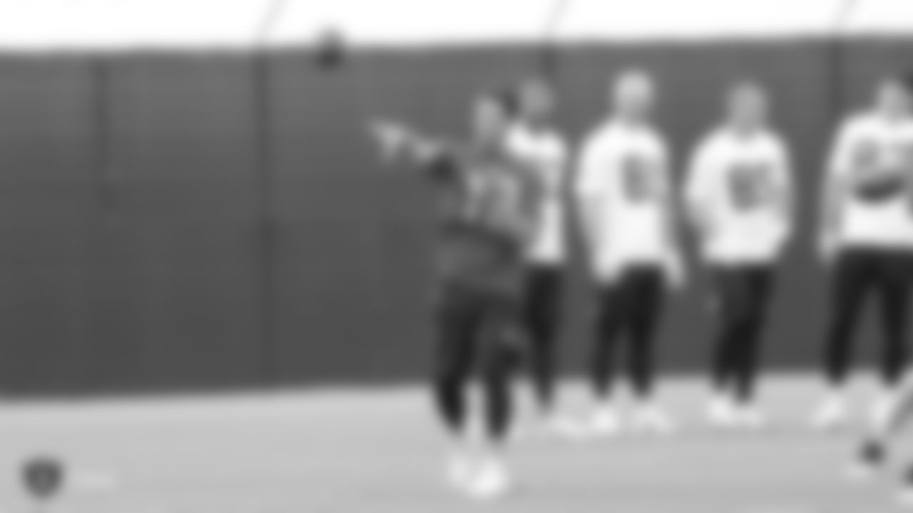 Raiders quarterback Nathan Peterman (18) at a workout during phase two of the offseason program at the Raiders Practice Facility in Alameda, Calif.