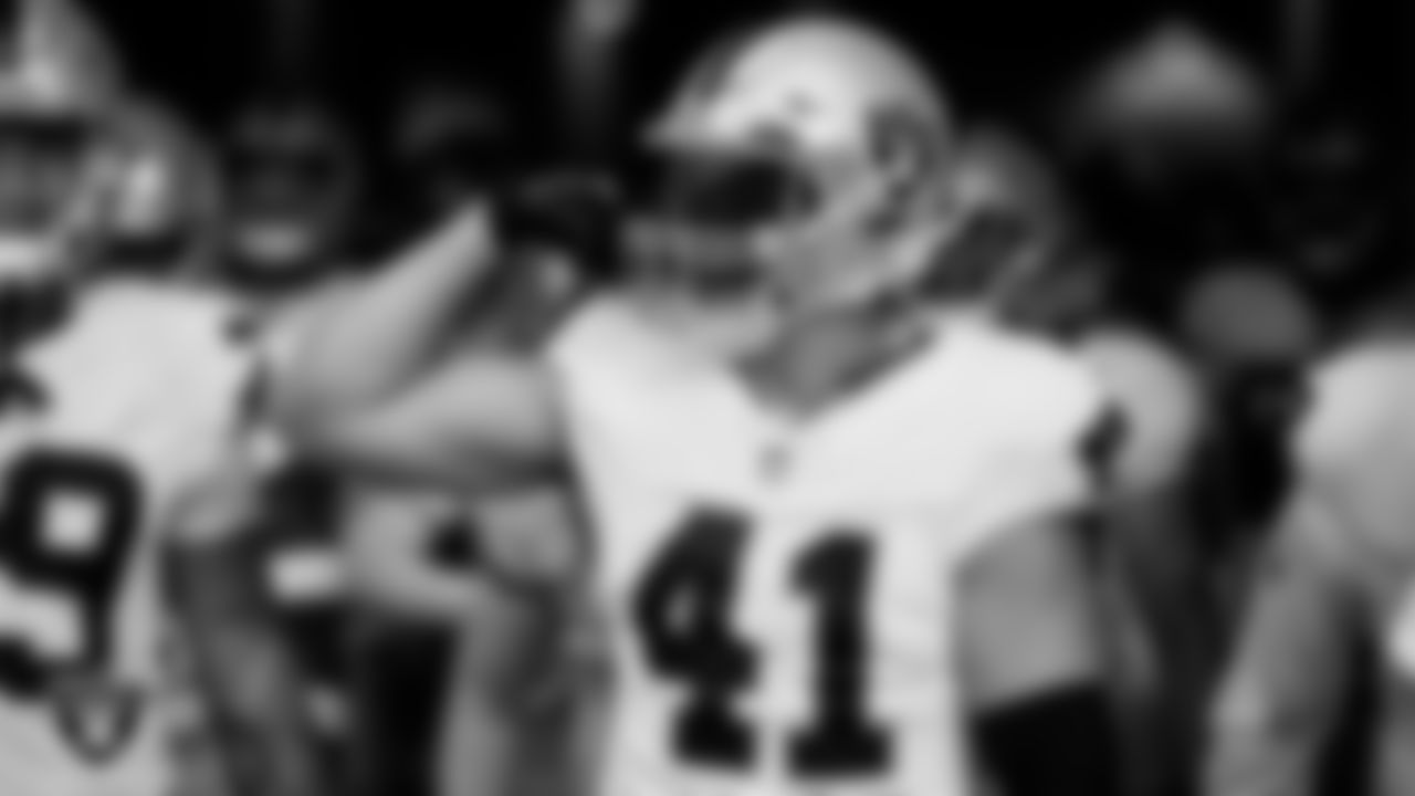 Las Vegas Raiders linebacker Robert Spillane (41) waits for the team to be introduced onto the field before the preseason away game against the Los Angeles Rams at Sofi Stadium.