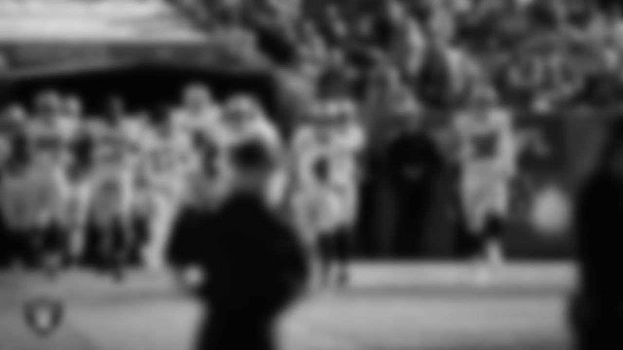The Las Vegas Raiders return to the field following the halftime break during the regular season away game against the Denver Broncos.