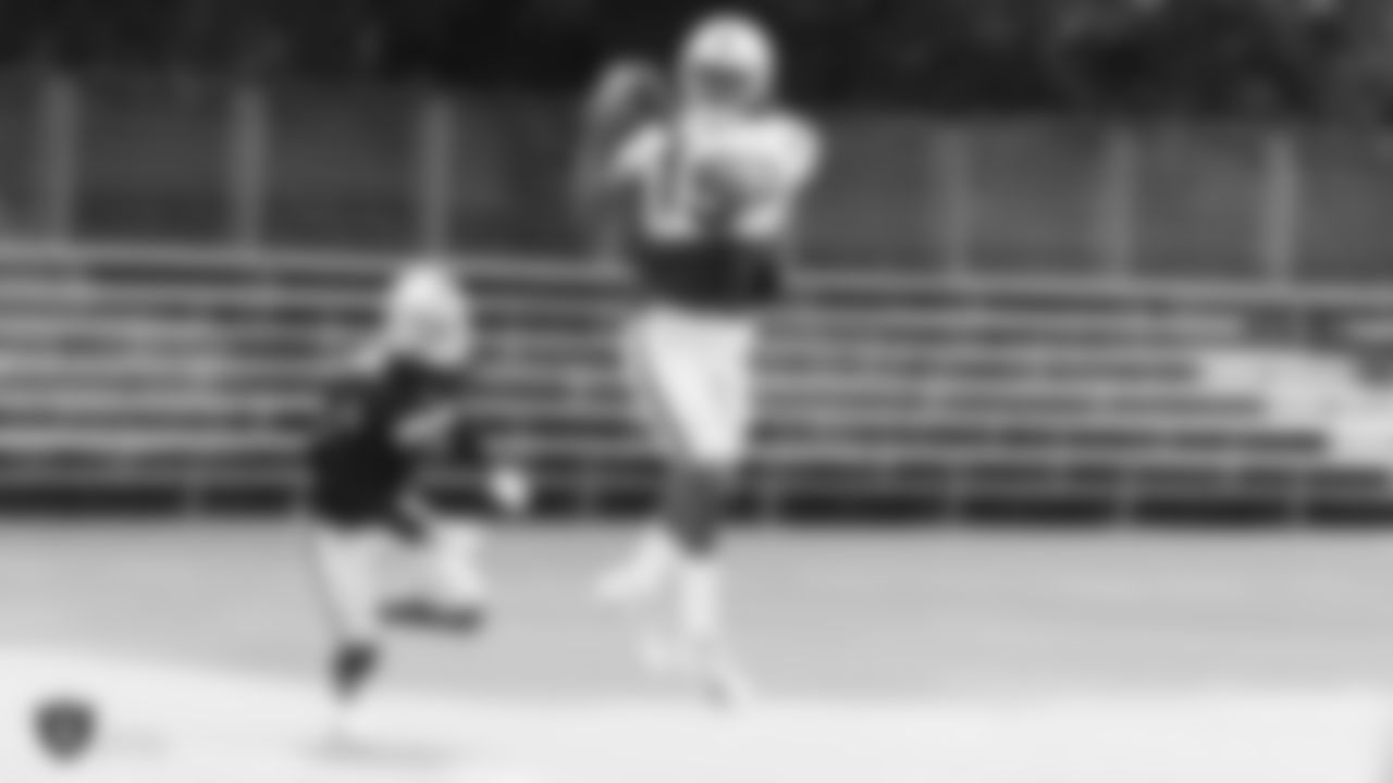 Oakland Raiders wide receiver Isaac Whitney (19) and corner back Shareece Wright (35) on the field for practice at 2018 Training Camp at The Oakland Raiders Napa Valley Training Complex, Wednesday, August 1, 2018, in Napa, California.