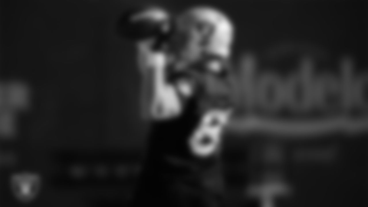 Las Vegas Raiders tight end Foster Moreau (87) during practice at Intermountain Healthcare Performance Center.