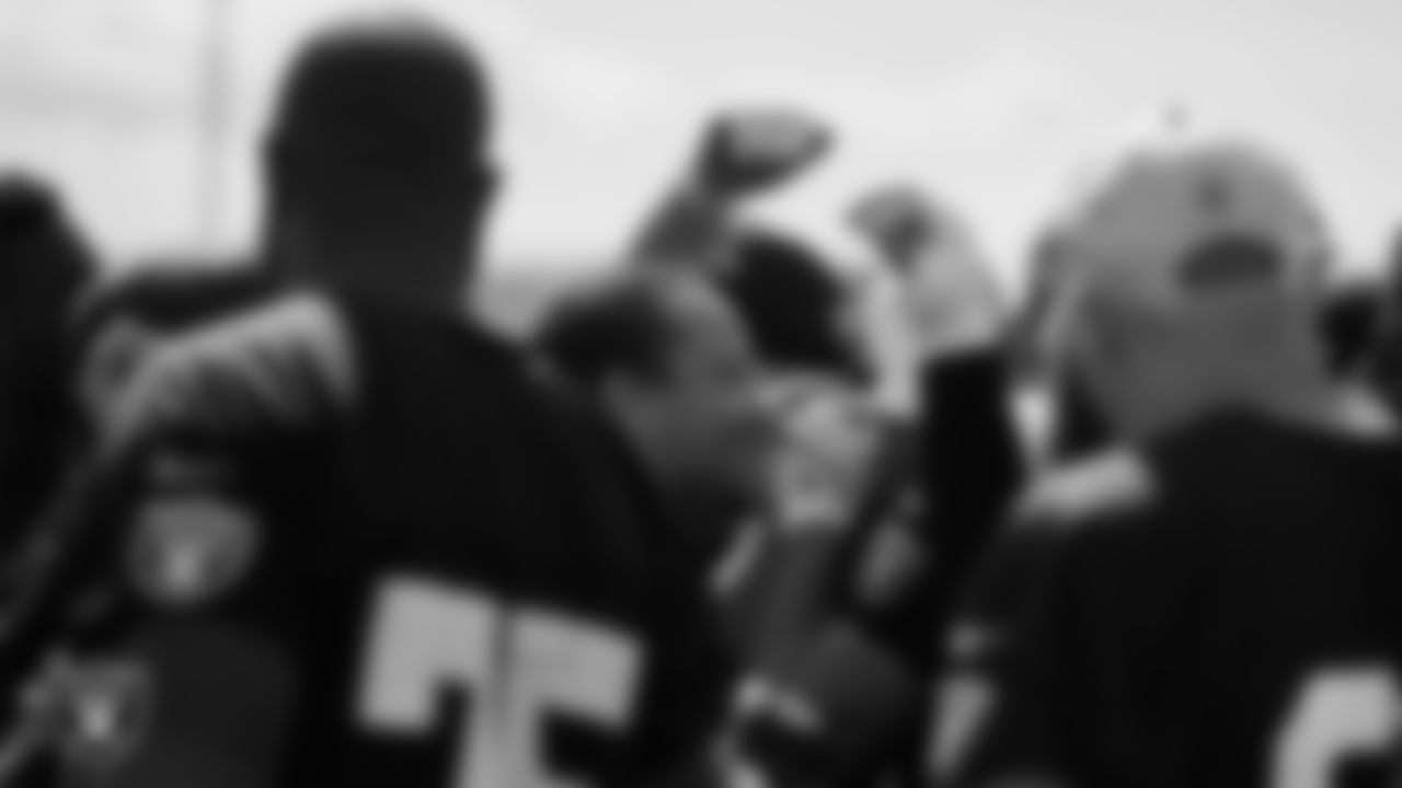 Las Vegas Raiders fullback Alec Ingold (45) in a huddle during practice at Intermountain Healthcare Performance Center.