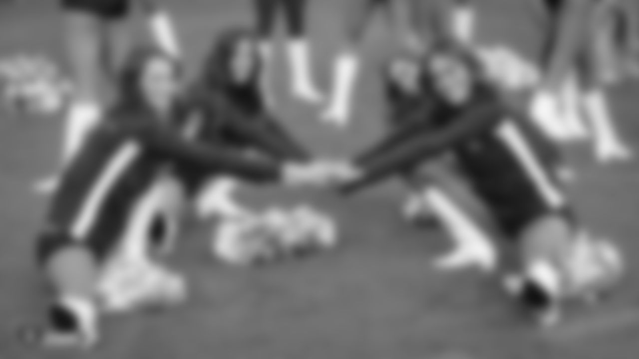 The Raiderettes warm up on the field before the Oakland Raiders game against the Cleveland Browns at Oakland-Alameda County Coliseum, Sunday, September 30, 2018, in Oakland, Calif. The Oakland Raiders won 45-42.