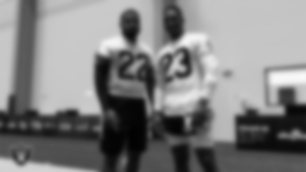 Las Vegas Raiders cornerback Keisean Nixon (22) and defensive back Damarious Randall (23) on the field for practice at 2020 Training Camp.