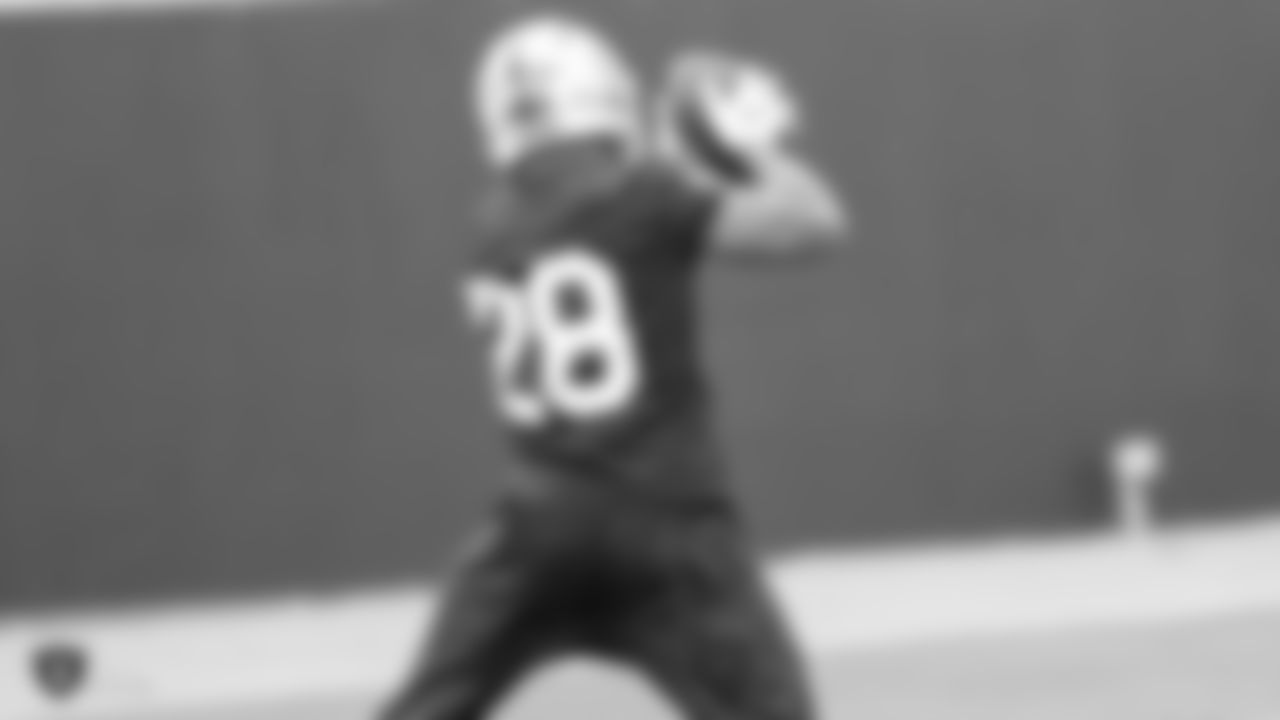 Oakland Raiders running back Doug Martin (28) on the field for practice at the Oakland Raiders Practice Facility, Friday, December 21, 2018, in Alameda, California.