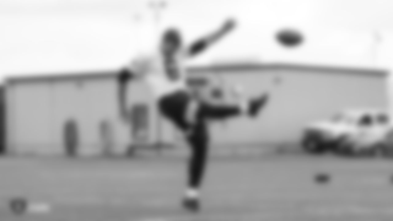 Raiders punter A.J. Cole at a workout during phase two of the offseason program at the Raiders Practice Facility in Alameda, Calif.