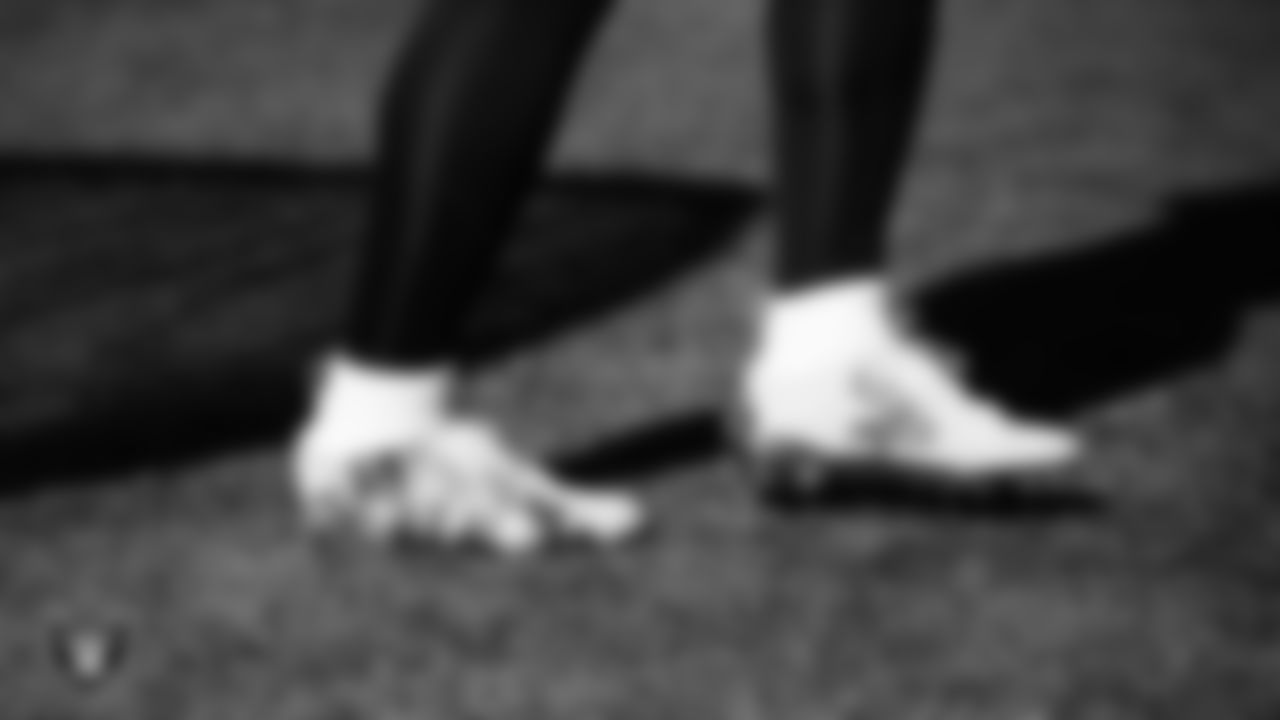 Las Vegas Raiders running back Josh Jacobs' (28) cleats before the regular season away game against the New York Giants.