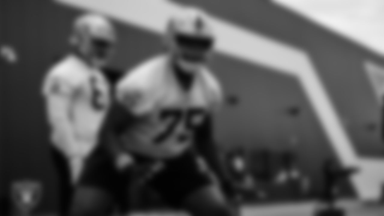 Las Vegas Raiders tackle Brandon Parker (75) at an Organized Team Activity (OTA).