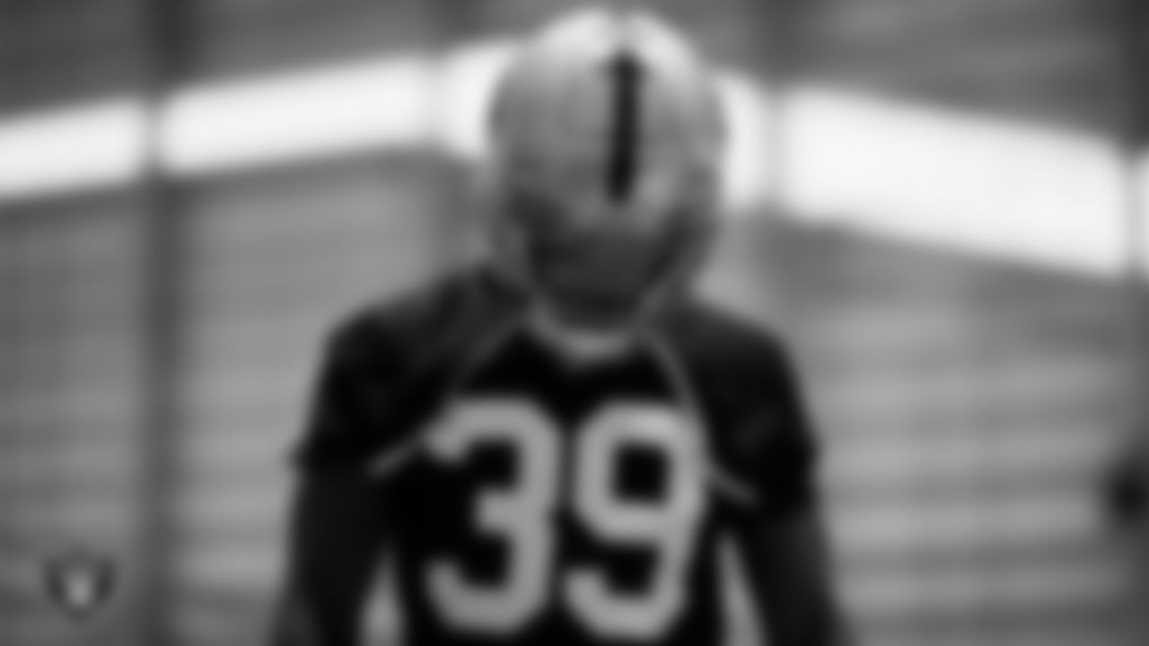 Las Vegas Raiders cornerback Nate Hobbs (39) during practice at Intermountain Healthcare Performance Center.