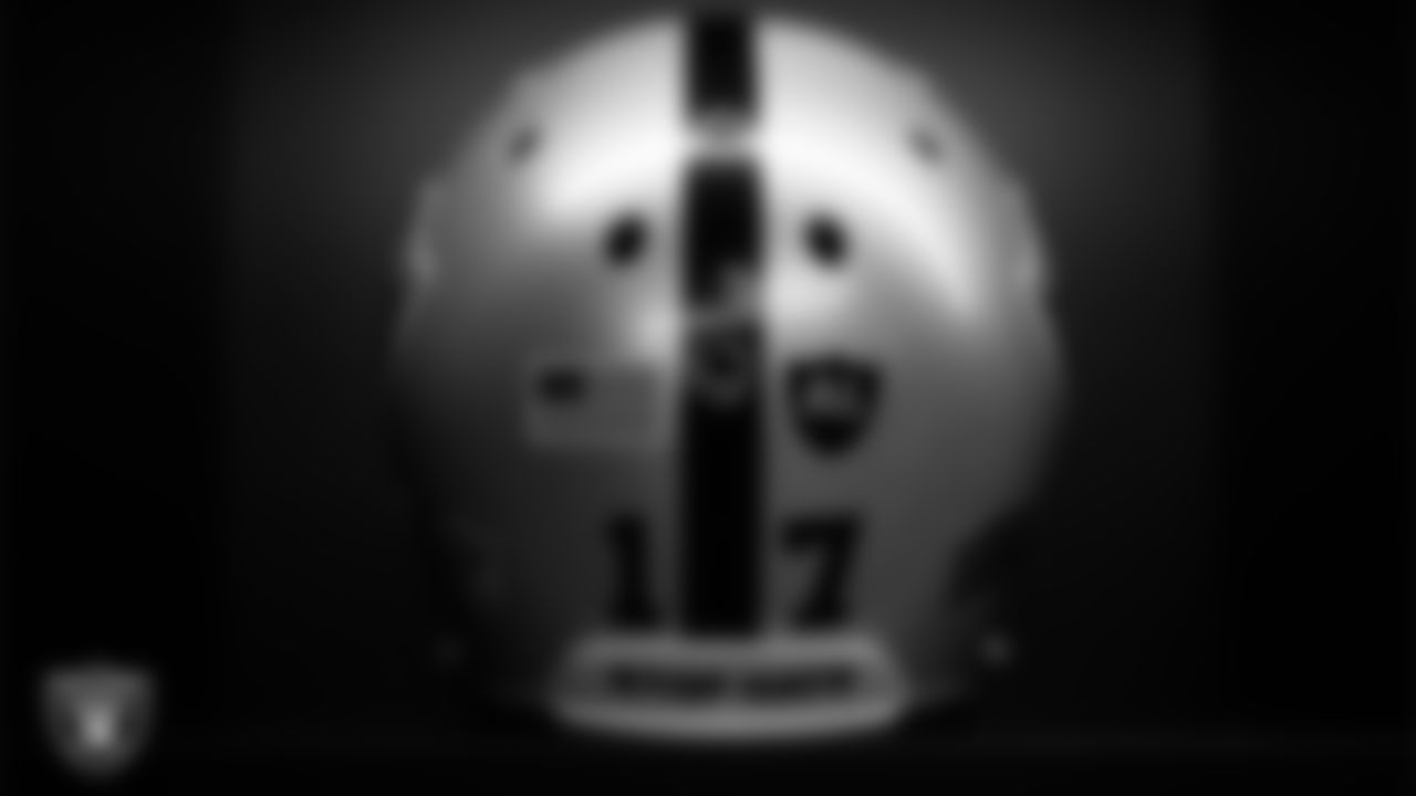 Las Vegas Raiders wide receiver Davante Adams' (17) helmet in the locker room prior to the Las Vegas Raiders' arrival for their regular season home game against the Arizona Cardinals at Allegiant Stadium.