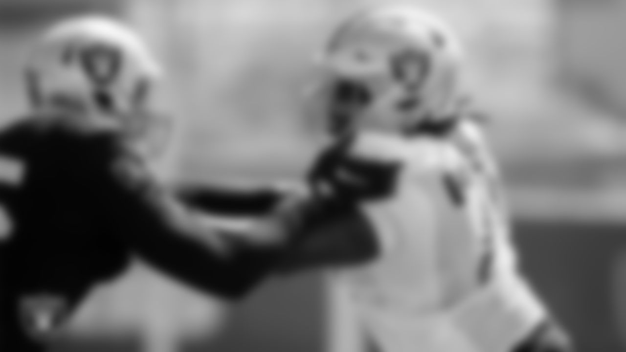 Las Vegas Raiders defensive end Chandler Jones (55) and guard John Simpson (76) during practice at Intermountain Healthcare Performance Center.
