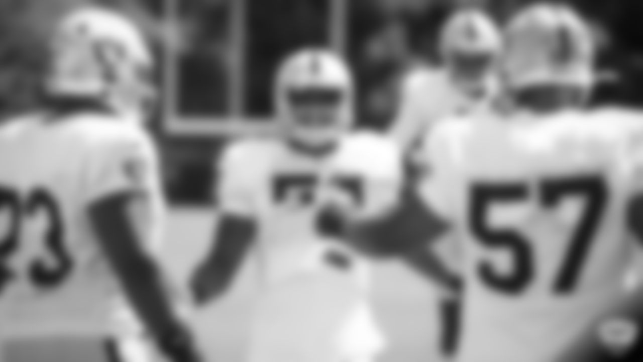 Raiders linebacker Jason Cabinda (53) on the field for practice at 2019 Training Camp.