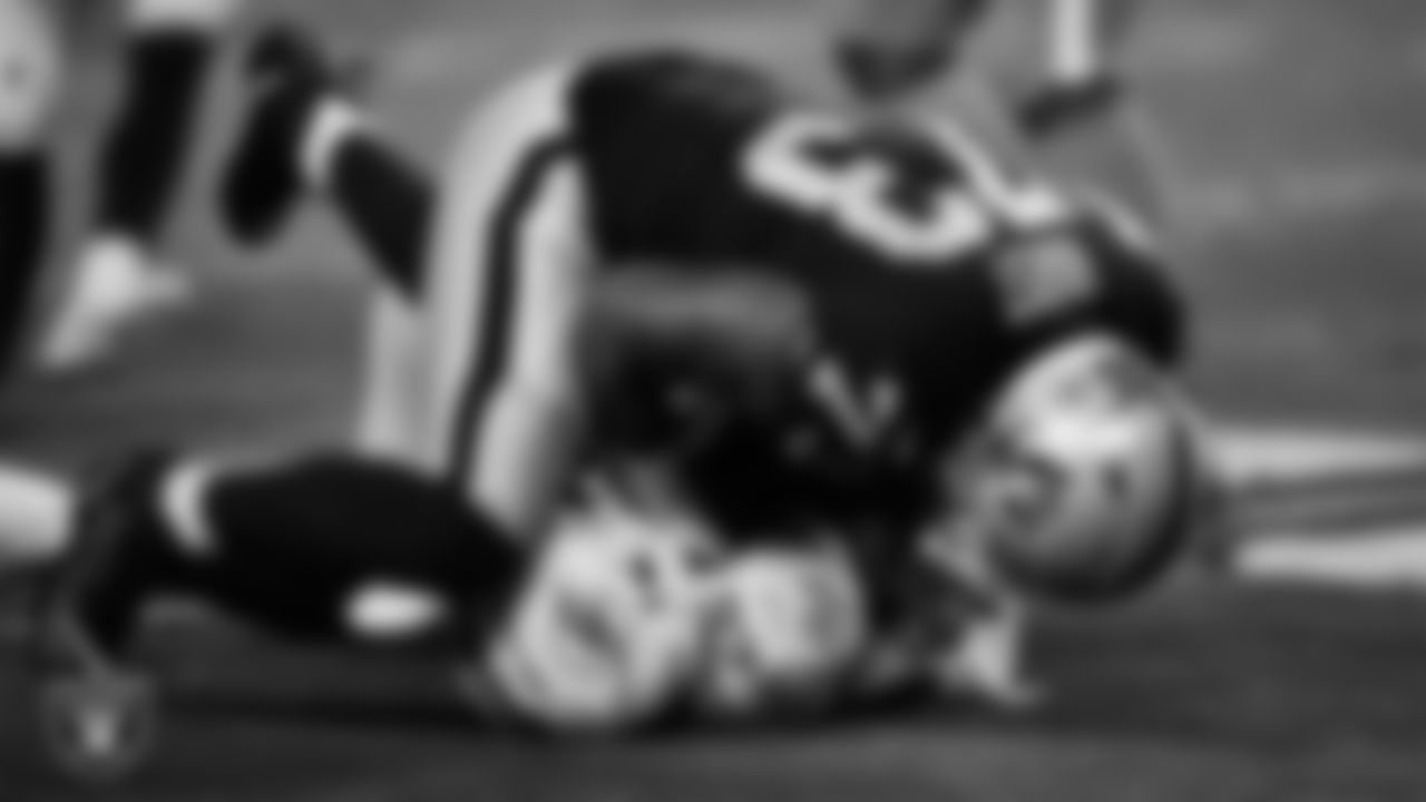 Las Vegas Raiders defensive tackle Maurice Hurst (73) makes a tackle during the regular season home game against the Miami Dolphins.