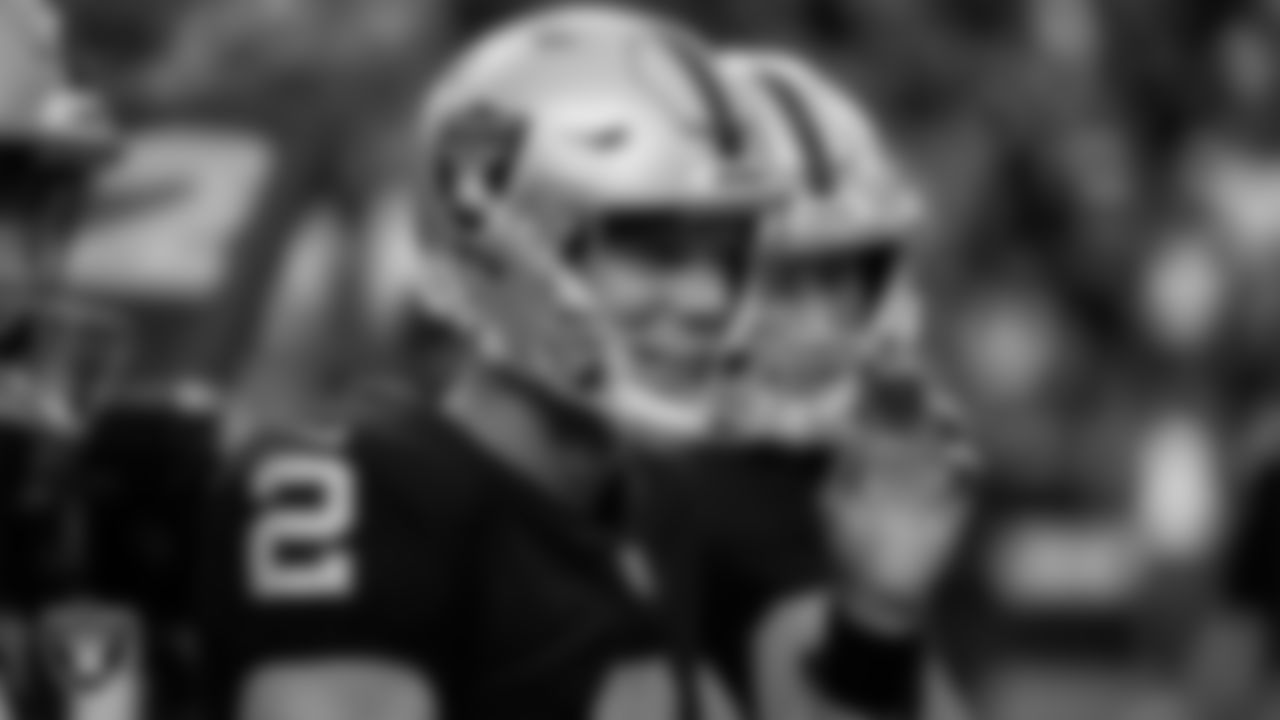 Las Vegas Raiders kicker Daniel Carlson (2) celebrates with teammates after kicking a game-winning field goal during the regular season home game against the Miami Dolphins.
