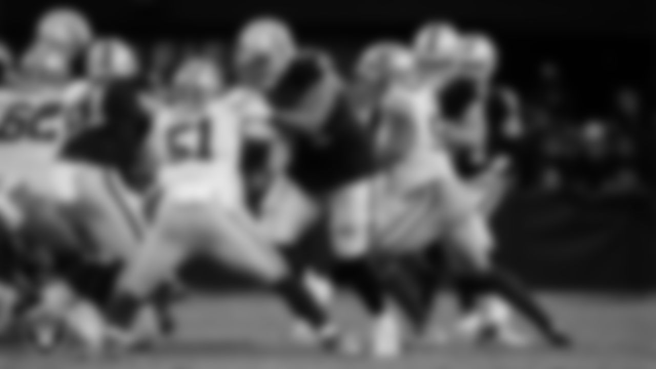 Las Vegas Raiders tackle Justin Herron (71) during the preseason home game against the San Francisco 49ers at Allegiant Stadium.