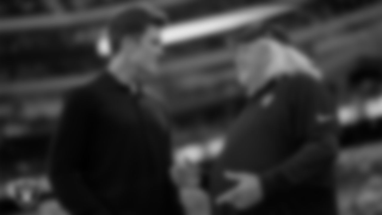 Las Vegas Raiders senior defensive assistant Rob Ryan with former NFL player Tom Brady before the preseason away game against the Dallas Cowboys at AT&T Stadium.