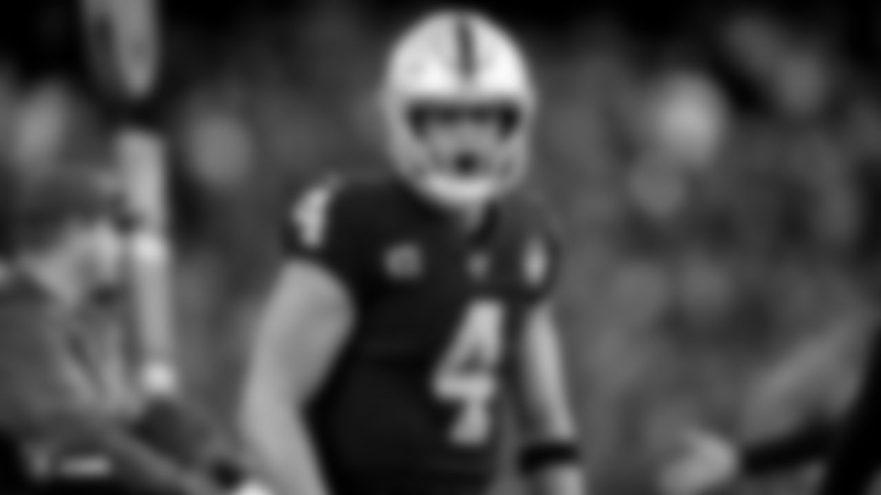 Raiders quarterback Derek Carr (4) celebrates during the regular season game against the Jacksonville Jaguars.