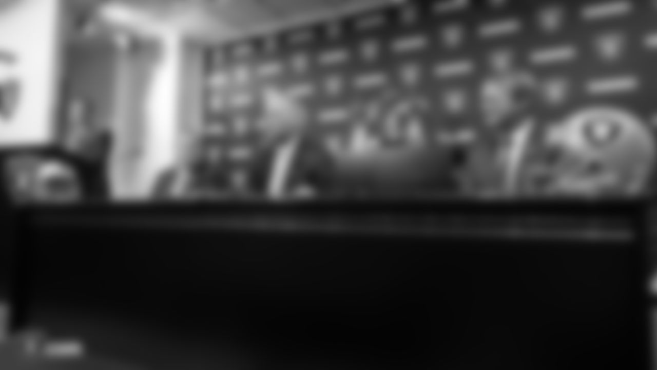 Oakland Raiders owner Mark Davis and head coach Jon Gruden introduce Mike Mayock as the general manager of the Oakland Raiders at a press conference, Monday, December 31, 2018, in Alameda, California.