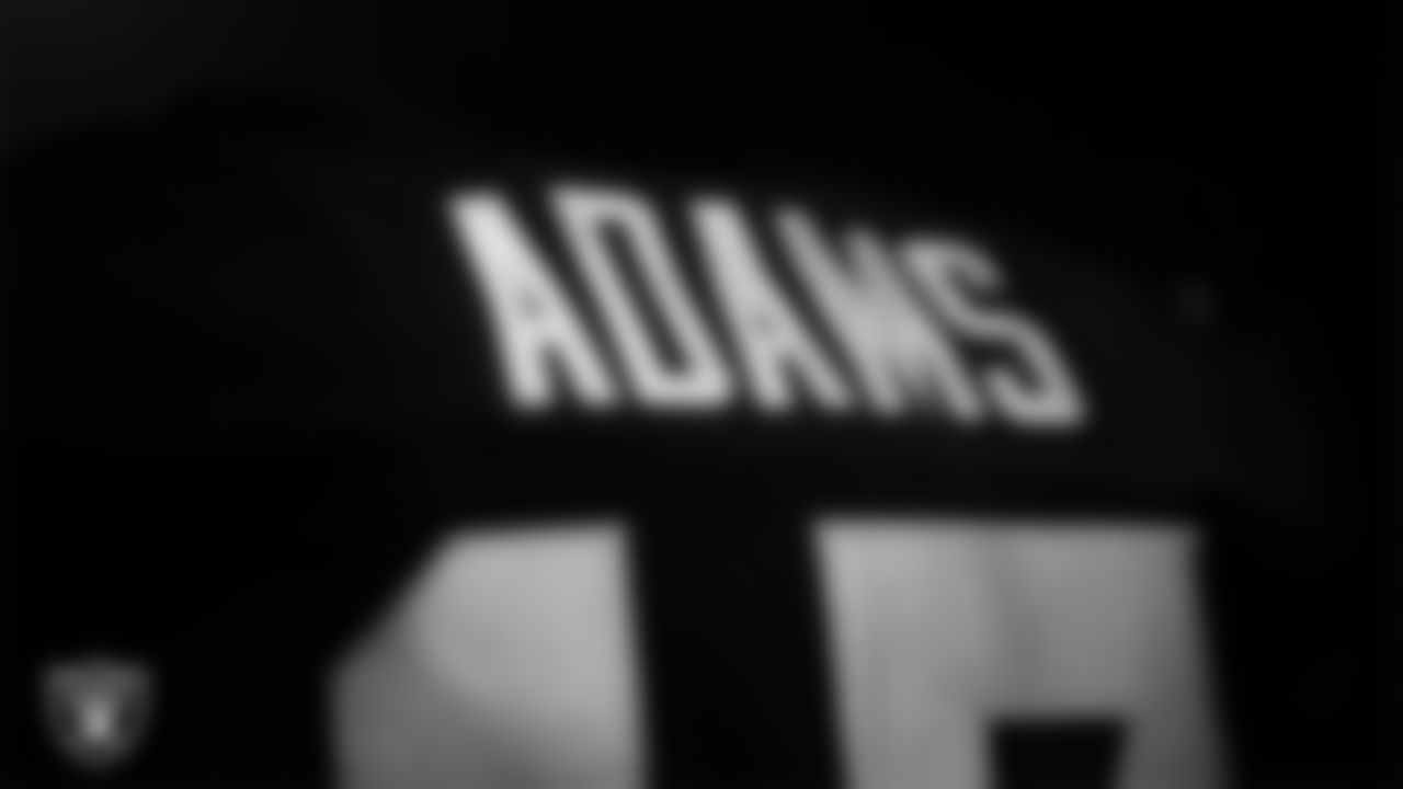 Las Vegas Raiders wide receiver Davante Adams' (17) pads in the locker room prior to the Raiders' arrival for their regular season home game against the Indianapolis Colts at Allegiant Stadium.