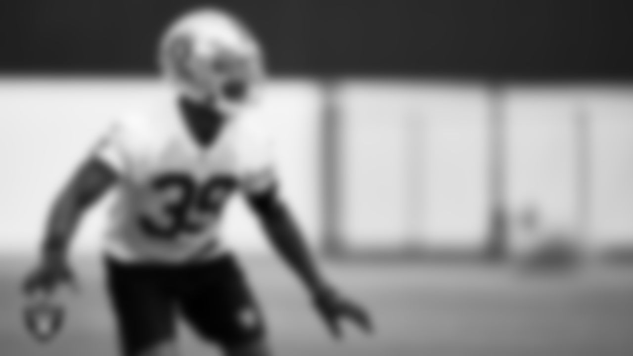 Las Vegas Raiders cornerback Nate Hobbs (39) during practice at Intermountain Healthcare Performance Center.