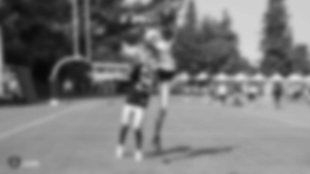Oakland Raiders cornerback Leon Hall (29) and wide receiver Martavis Bryant (12) on the field for practice at 2018 Training Camp at The Oakland Raiders Napa Valley Training Complex, Thursday, August 2, 2018, in Napa, California.