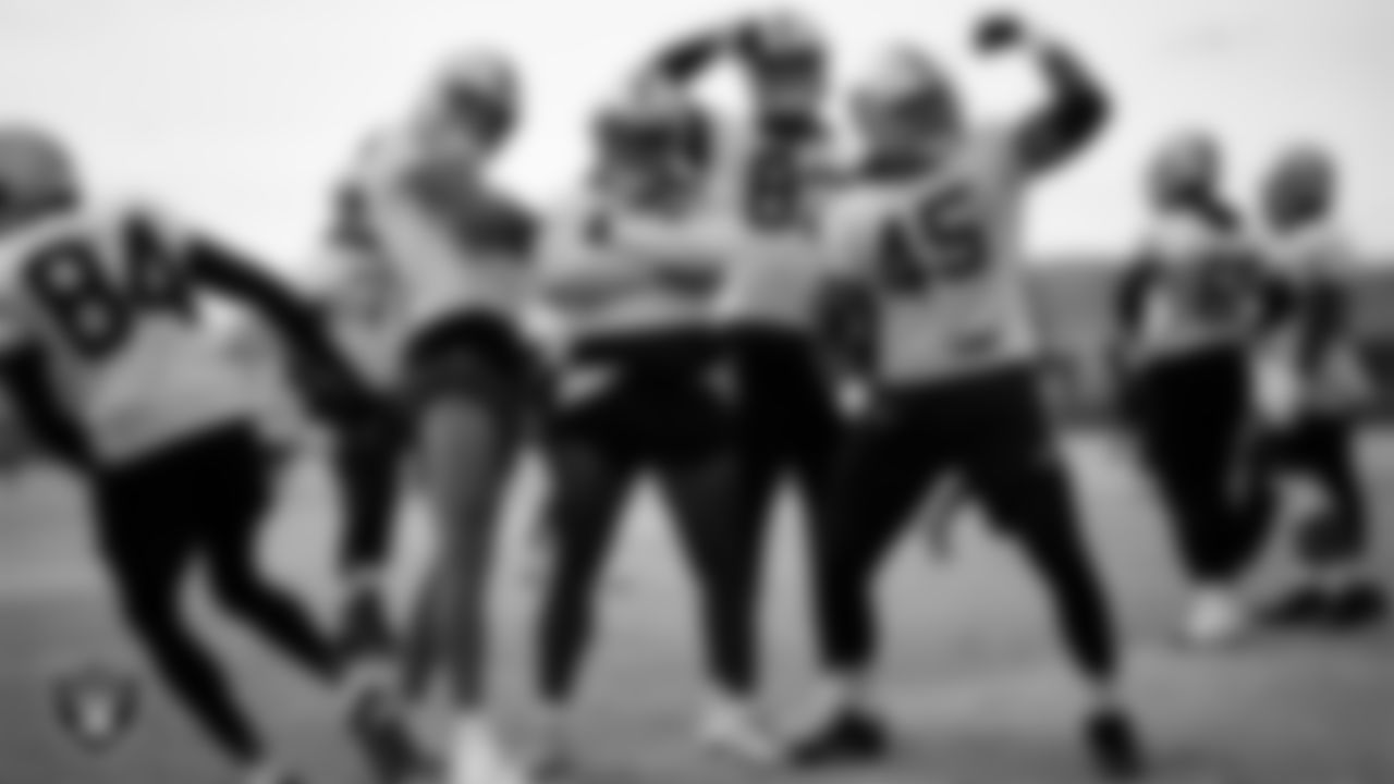 Las Vegas Raiders wide receiver Mack Hollins (10), running back Brandon Bolden (34), tight end Darren Waller (83) and fullback Jakob Johnson (45) during practice at Intermountain Healthcare Performance Center.