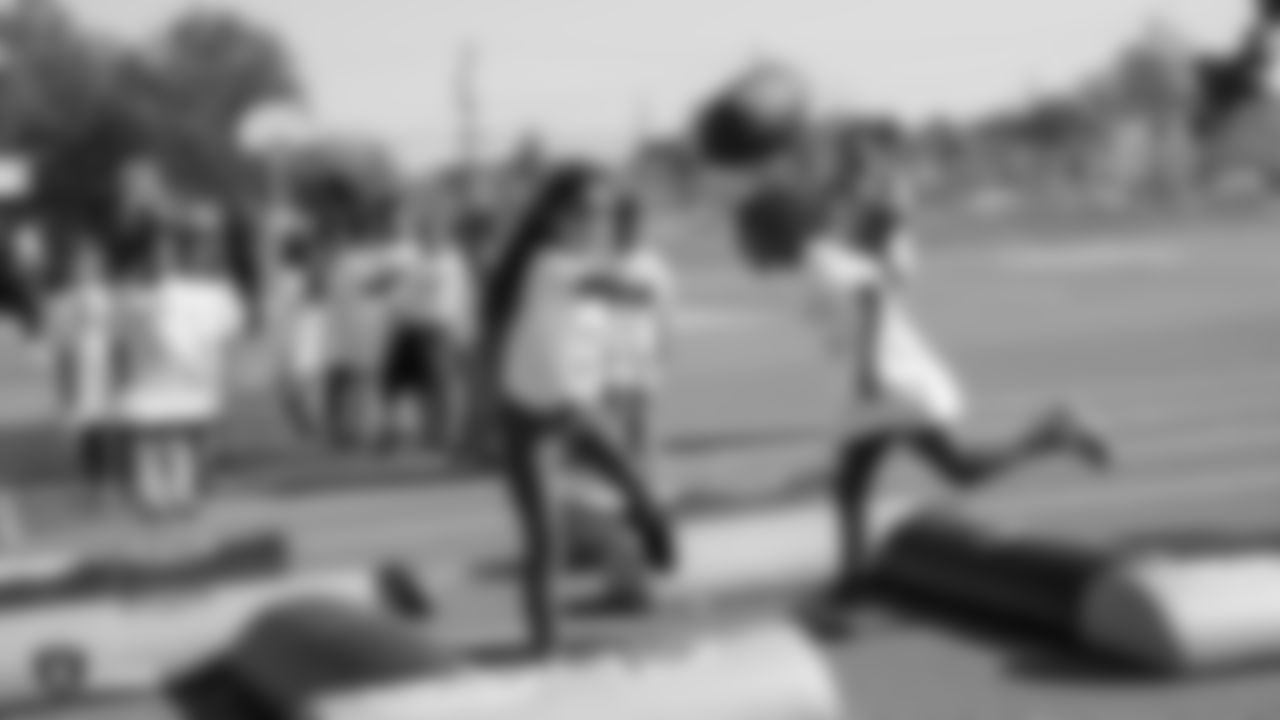 The Oakland Raiders, represented by players Alec Ingold, Isaiah Johnson, Trent Sieg, Darren Waller, and Kyle Wilber, along with the Raiderettes, collaborate with Playworks to promote Play 60's message to students of being active for sixty minutes everyday.