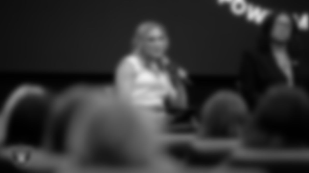 Las Vegas Raiders broadcaster Amber Theoharis speaks to student-athletes during the Raiders Girls Empowerment Summit at the Las Vegas Raiders Headquarters.