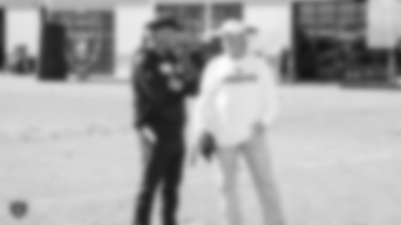 Oakland Raiders head coach Jon Gruden and owner Mark Davis on the field for practice at The Oakland Raiders Practice Facility, Wednesday, November 7, 2018, in Alameda, California.