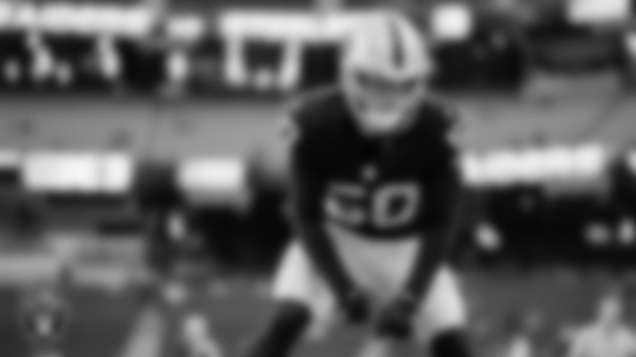Las Vegas Raiders long snapper Jacob Bobenmoyer (50) warming up before the regular season home game against the Pittsburgh Steelers at Allegiant Stadium.