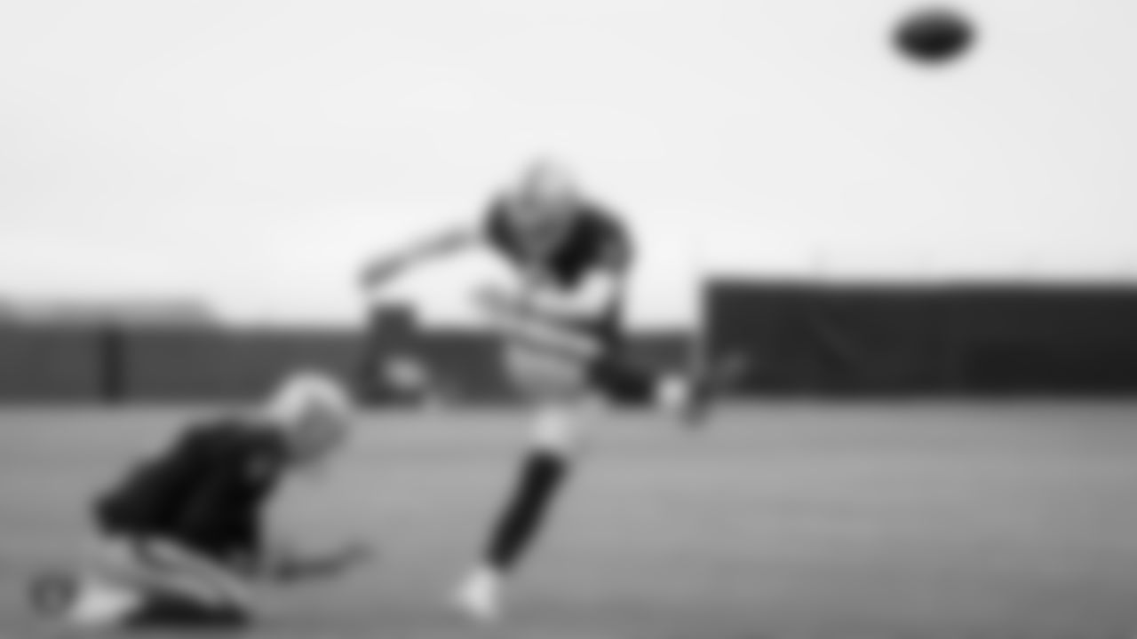 Raiders kicker Daniel Carlson (8) kicks a field goal during a walkthrough.