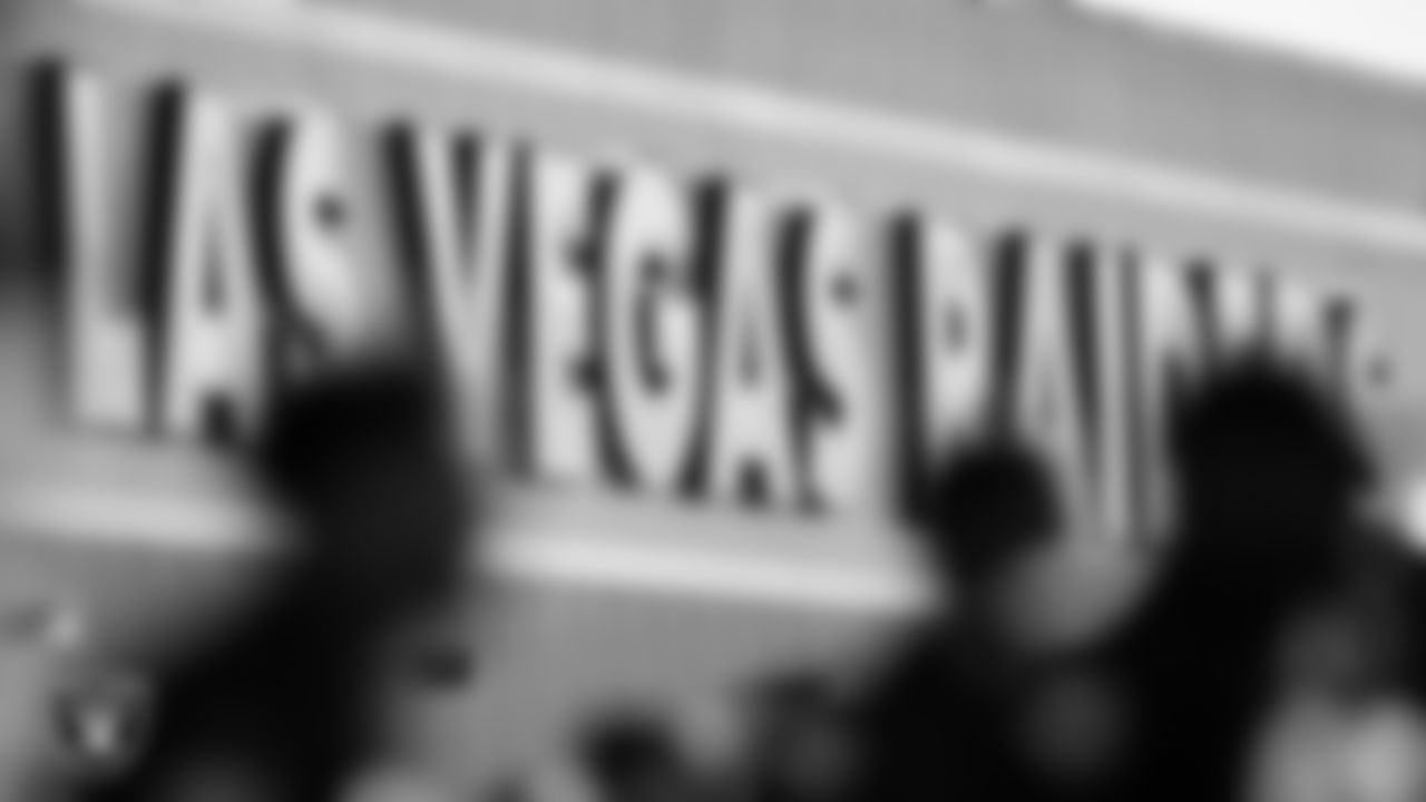 Las Vegas Raiders signage at a workout during phase two of the offseason program.