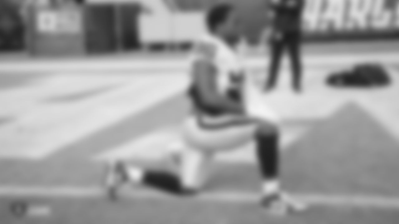 The Raiders warm up before the regular season game against the Los Angeles Chargers at ROKiT Field at Dignity Health Sports Park.