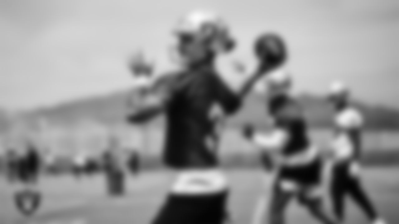 Las Vegas Raiders quarterback Nathan Peterman (3) at an Organized Team Activity (OTA).