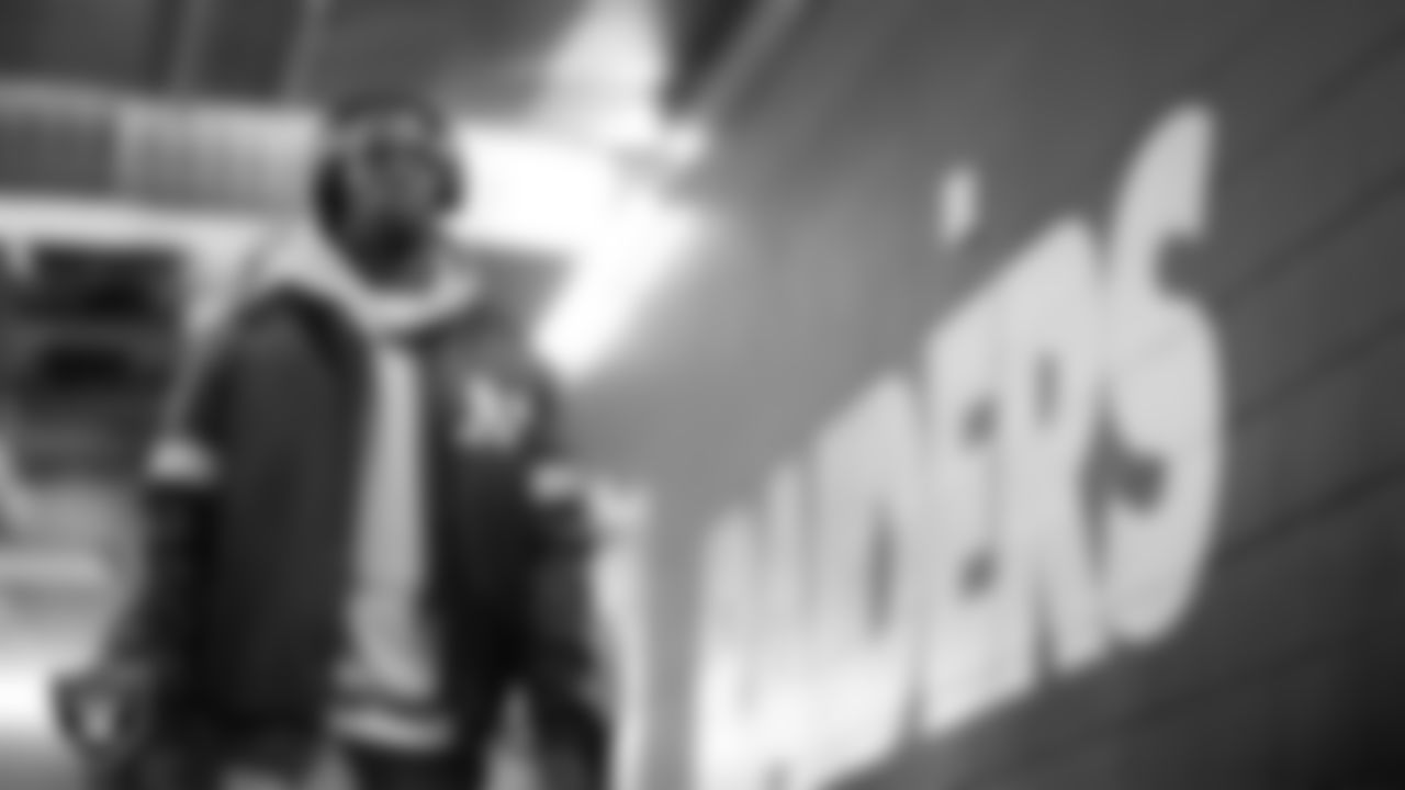 Las Vegas Raiders cornerback Troy Pride Jr. (27) arrives to the regular season home game against the Green Bay Packers at Allegiant Stadium.