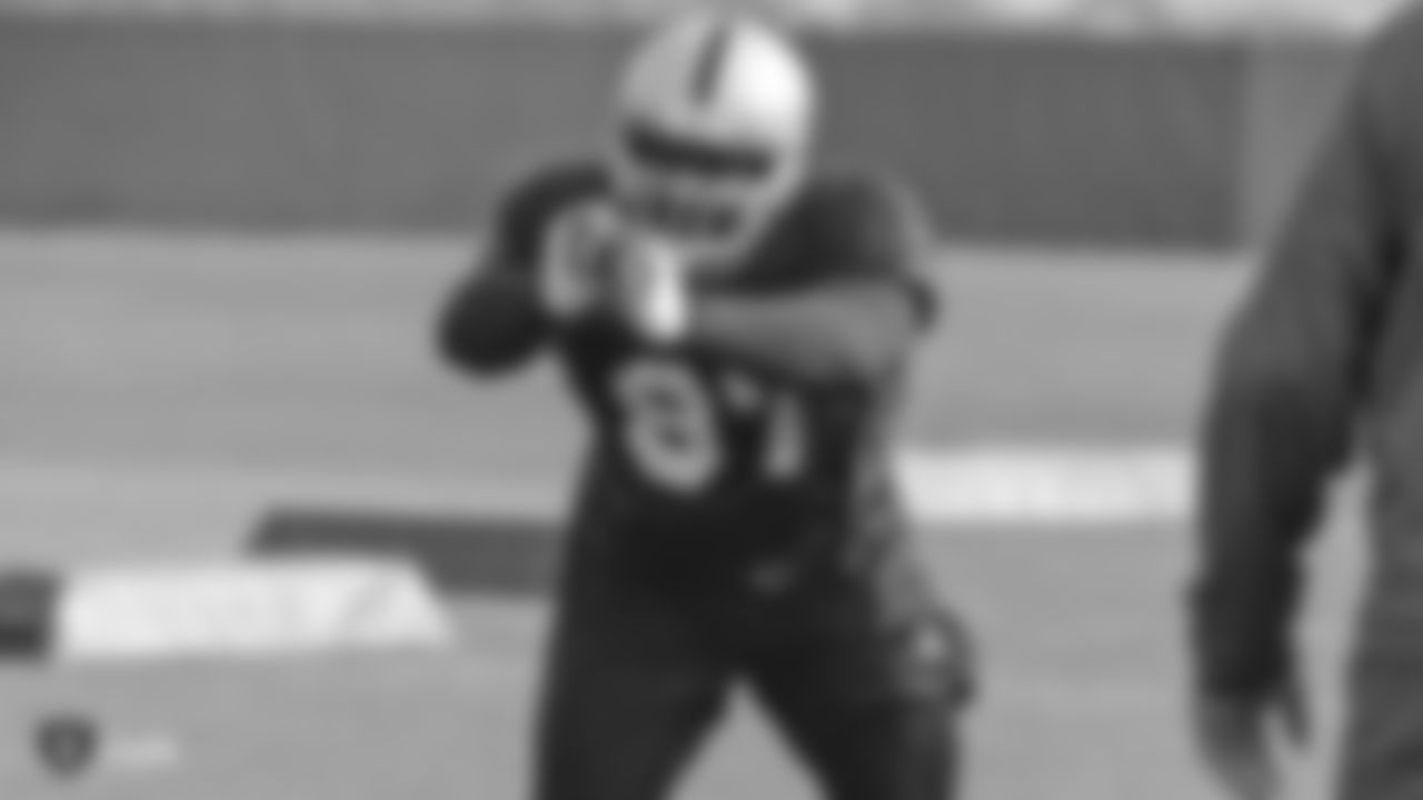 Oakland Raiders defensive tackle Clinton McDonald (97) on the field for practice at the Oakland Raiders Practice Facility, Wednesday, November 14, 2018, in Alameda, California.