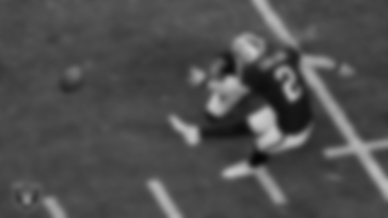 Las Vegas Raiders kicker Daniel Carlson (2) kicks a 24-yard field goal during the regular season home game against the Los Angeles Chargers.