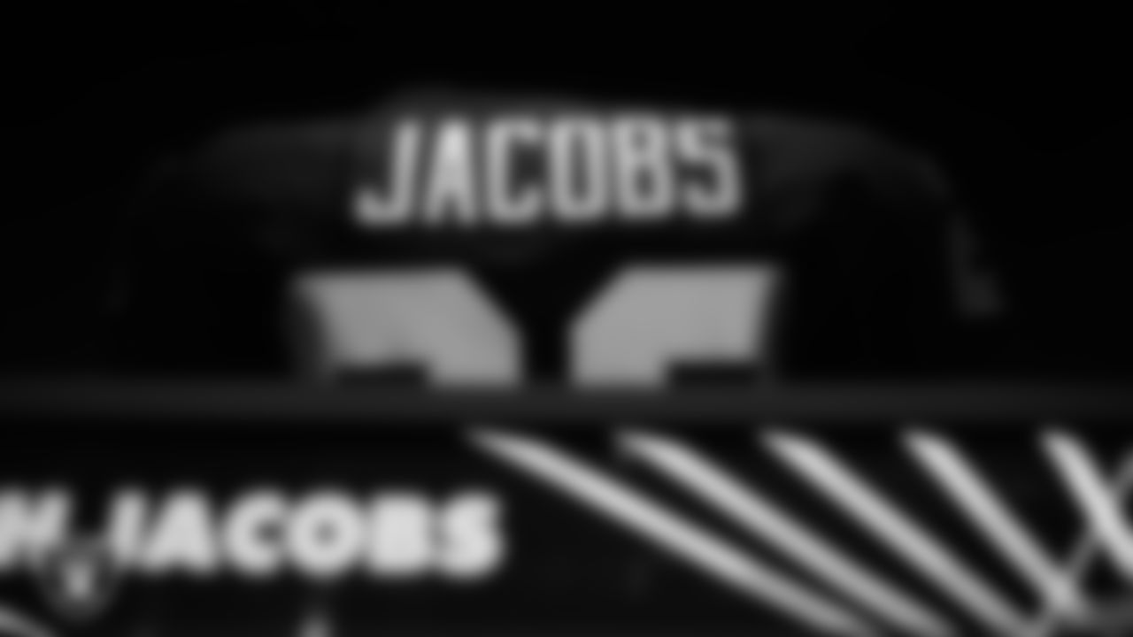 Las Vegas Raiders running back Josh Jacobs' (28) pads in the locker room prior to arrival for the regular season home game against the Denver Broncos at Allegiant Stadium.