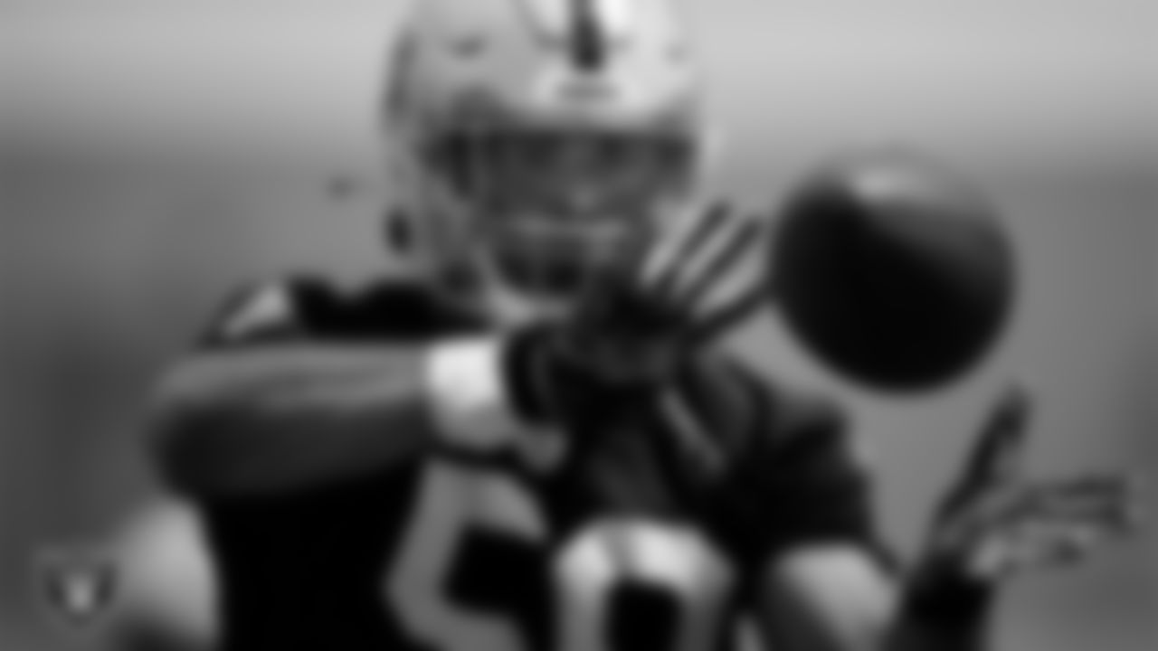Las Vegas Raiders linebacker James Onwualu (59) at an Organized Team Activity (OTA).