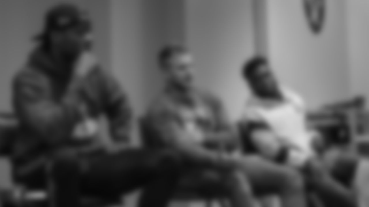 Raiders rookies listen to speakers tight end Darren Waller, tackle Brandon Parker, defensive end Arden Key, safety Dallin Leavitt, and safety Karl Joseph, as part of Rookie Academy, at the the Raiders Practice Facility in Alameda, Calif.