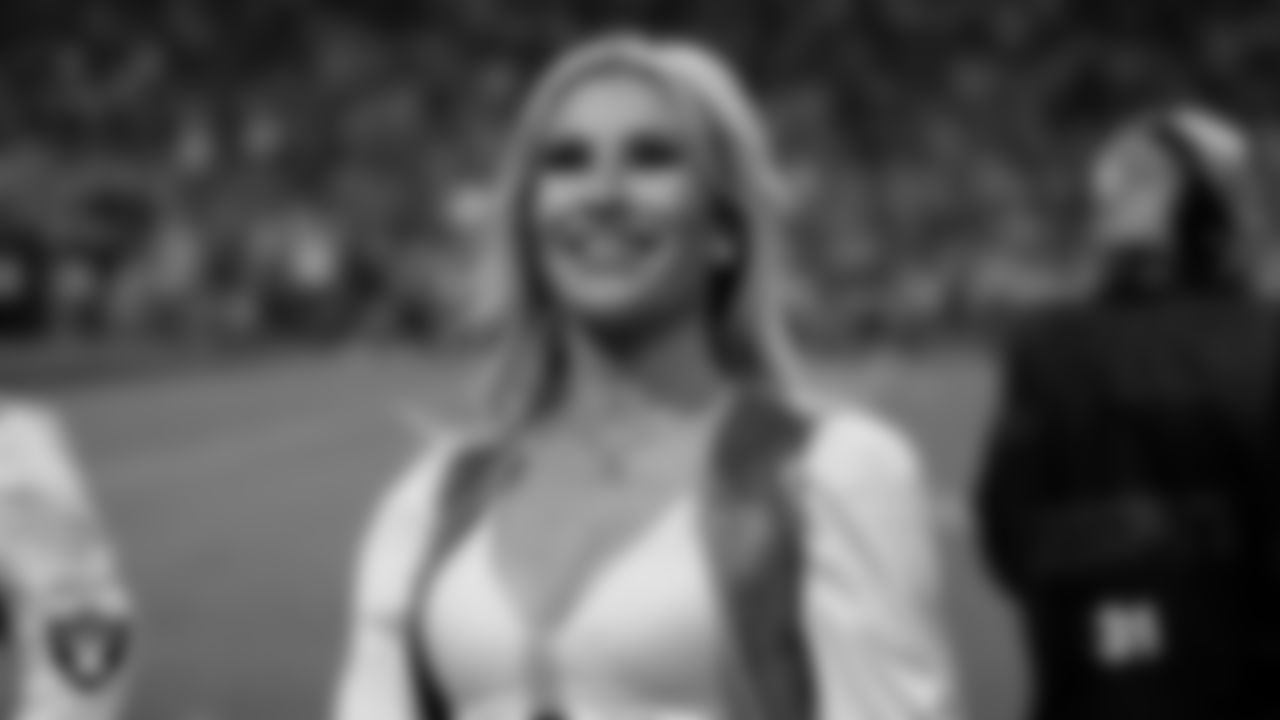 Raiderette Madison on the sidelines during the regular season home game against the Green Bay Packers at Allegiant Stadium.
