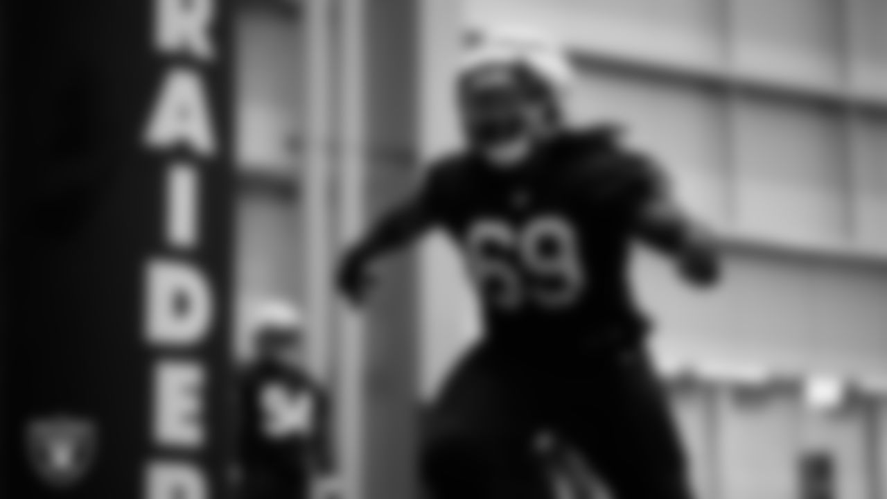 Las Vegas Raiders defensive lineman Adam Butler (69) on the field for practice at 2023 Training Camp at Intermountain Health Performance Center.