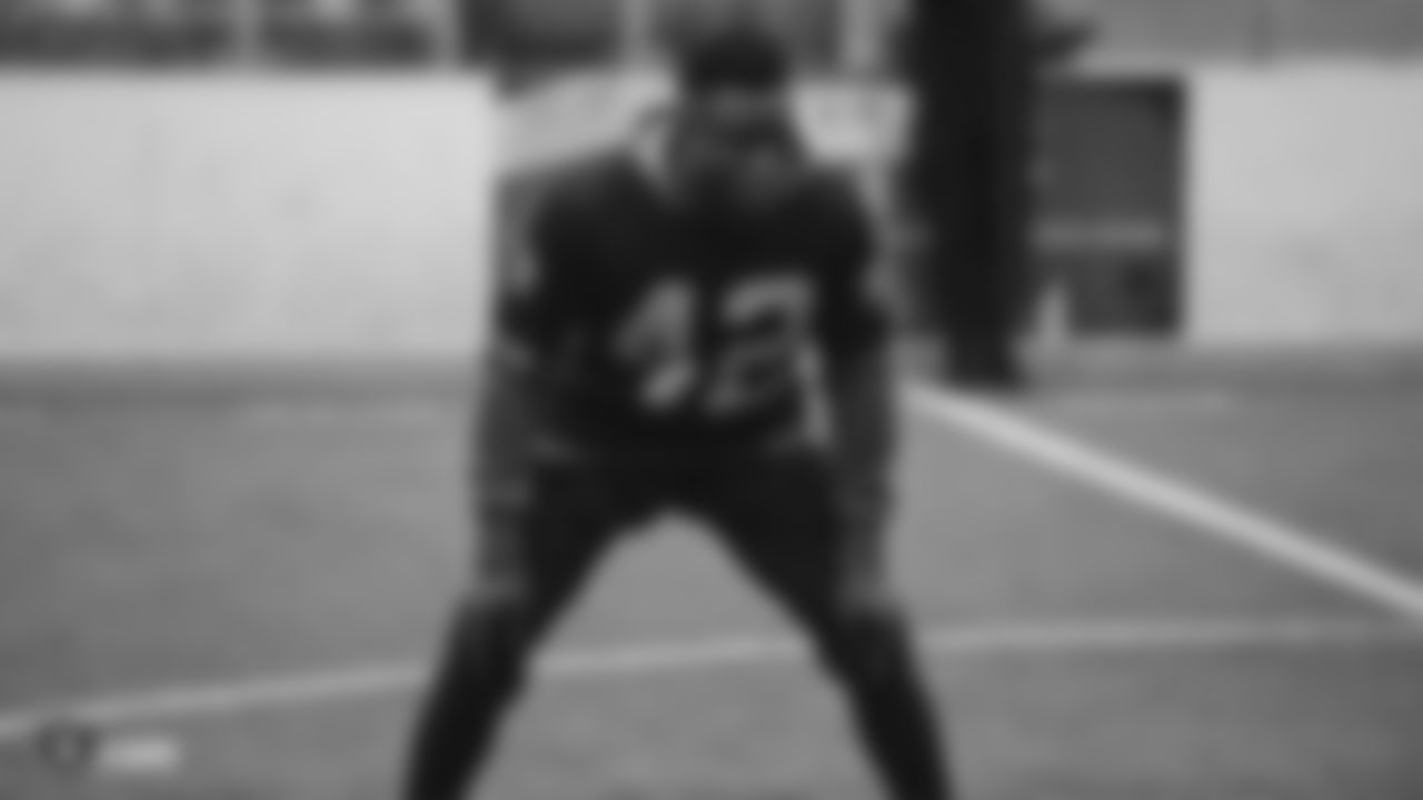Oakland Raiders strong safety Karl Joseph (42) on the field for practice at Bladium Sports & Fitness, Wednesday, November 21, 2018, in Alameda, California.
