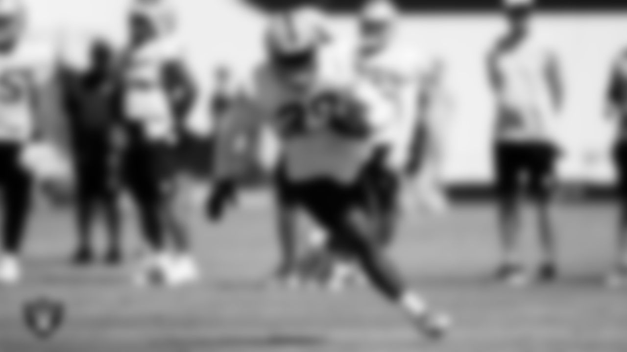 Las Vegas Raiders running back Josh Jacobs (28) on the field for practice at 2021 Training Camp.