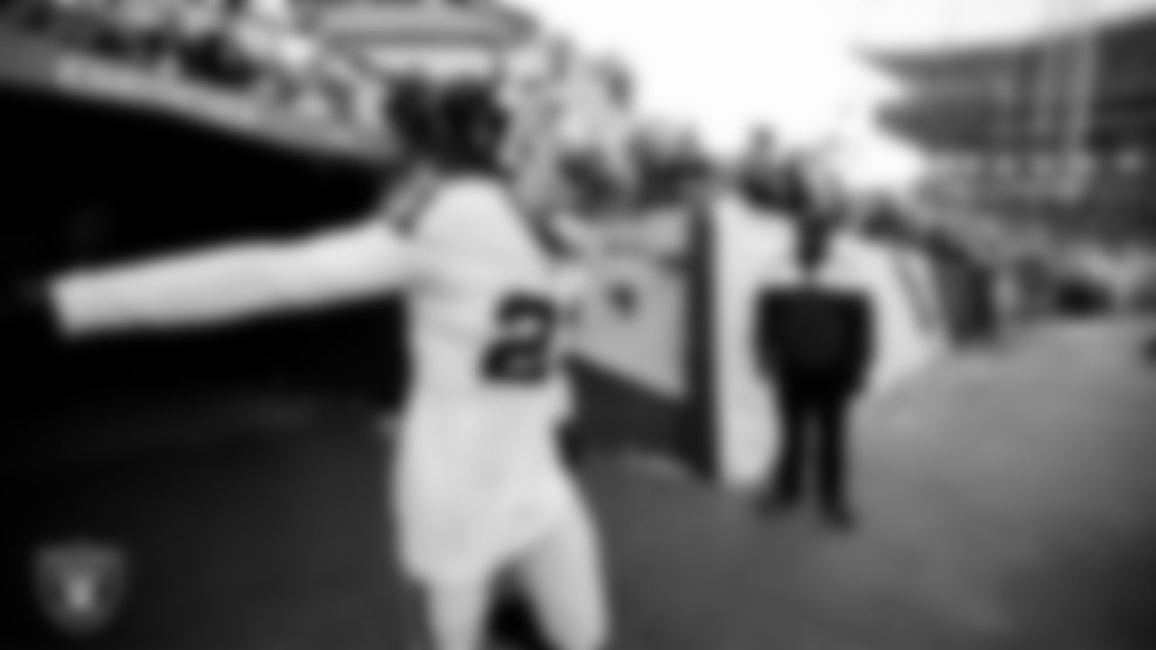 Las Vegas Raiders cornerback Amik Robertson (21) walks down the tunnel before the regular season away game against the Denver Broncos at Empower Field at Mile High.