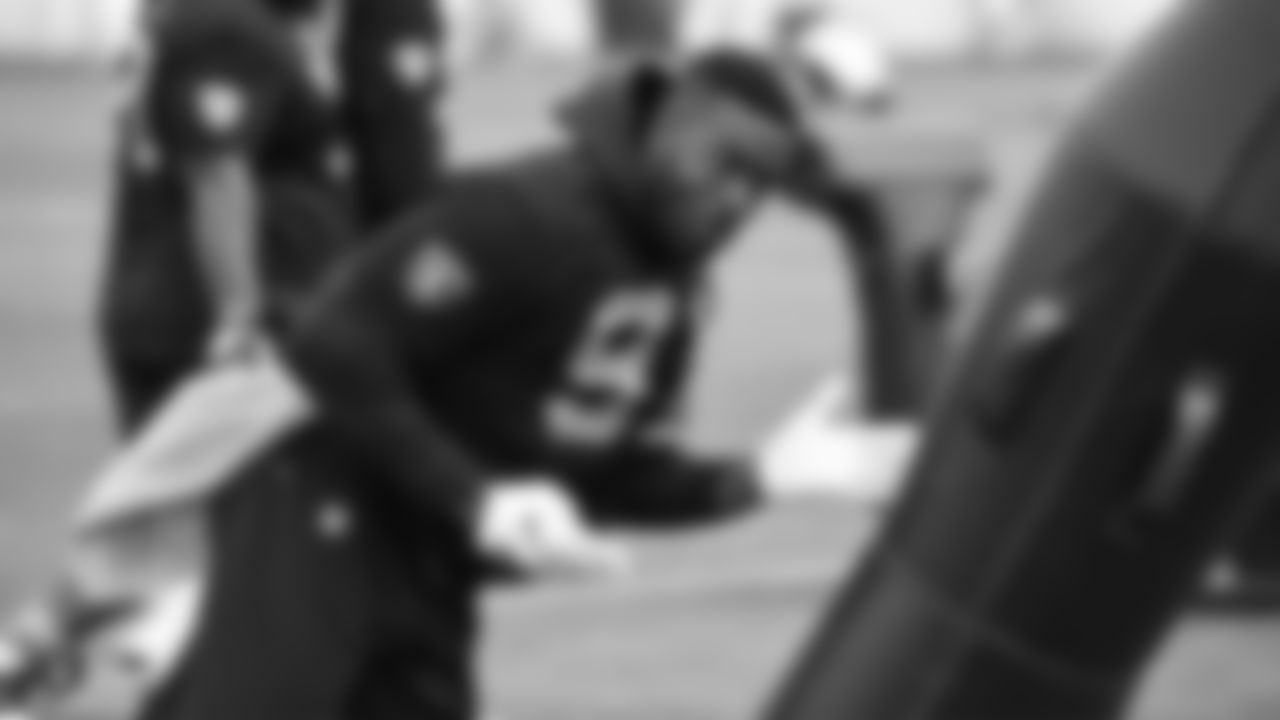 Raiders defensive end Benson Mayowa (91) at a workout during phase two of the offseason program at the Raiders Practice Facility in Alameda, Calif.