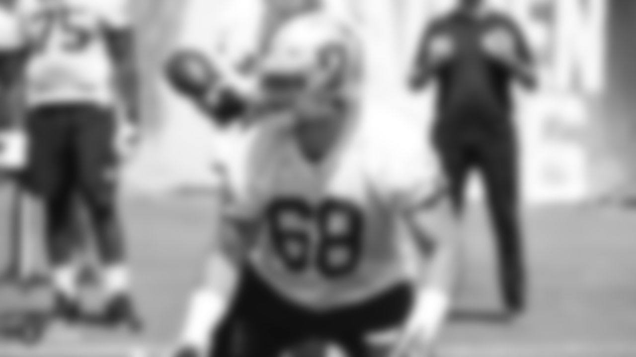 Raiders tackle Andre James (68) at an Organized Team Activity (OTA) at the Raiders Practice Facility in Alameda, Calif.